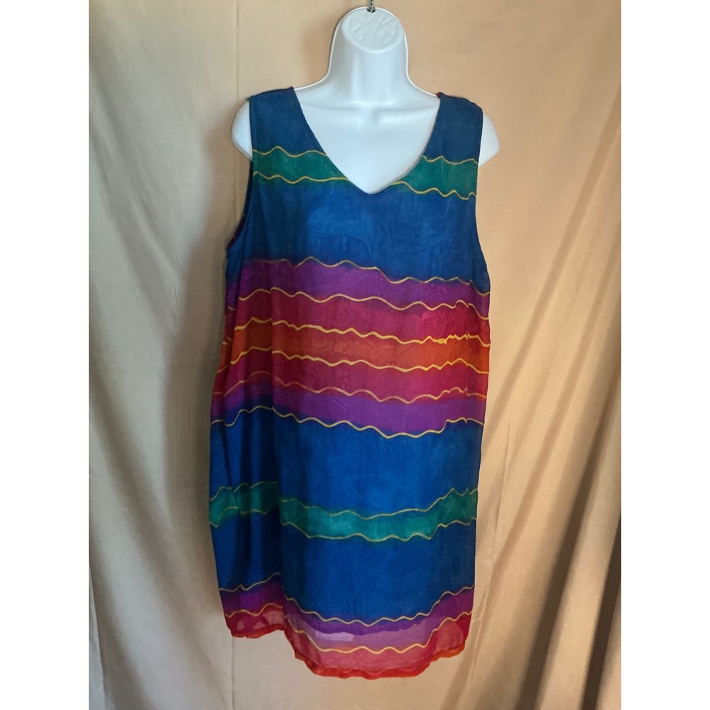 Sita Shift Dress Womens Large Multicolor Good Rainbow Wave V-Neck Sleeveless